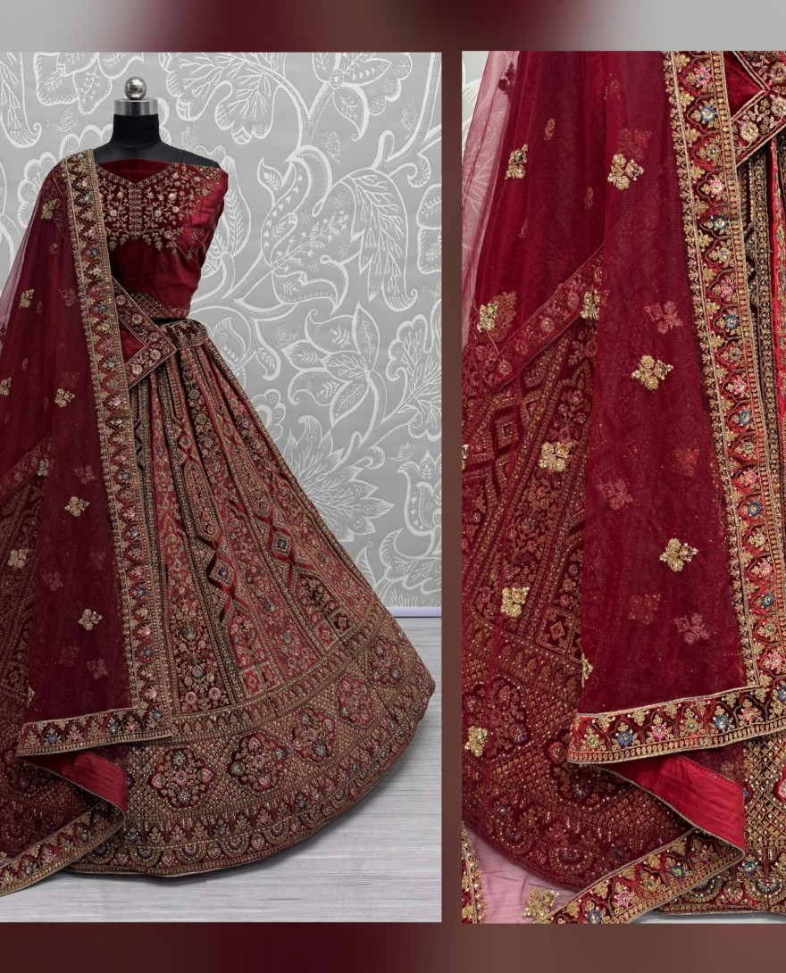 2855-red - Perfect Dori Red Embroidery Designer Velvet Lehenga choli 